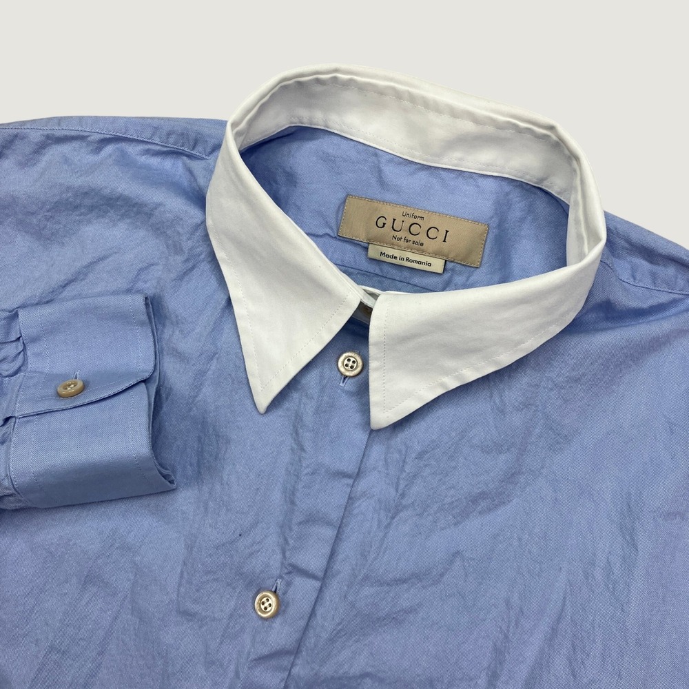 Gucci Dress Shirt Womens 50 Blue White Collar Uniform Button Up Designer